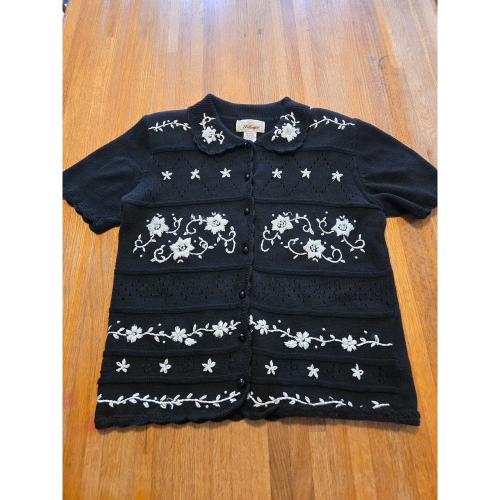 Worthington Women Vintage Med Black Knit Floral Embroidery Bead Collar Cardigan